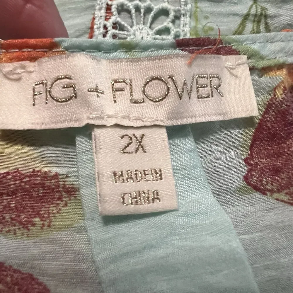 Fig Flower Women’s Floral Blouse Crochet Boho Long Sleeve Plus SZ 2X